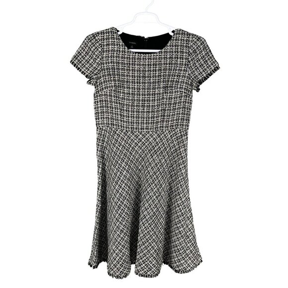Talbots Womens 6 Tweed Black White Dress Raw Hem Houndstooth Old Money Office - Picture 5 of 16